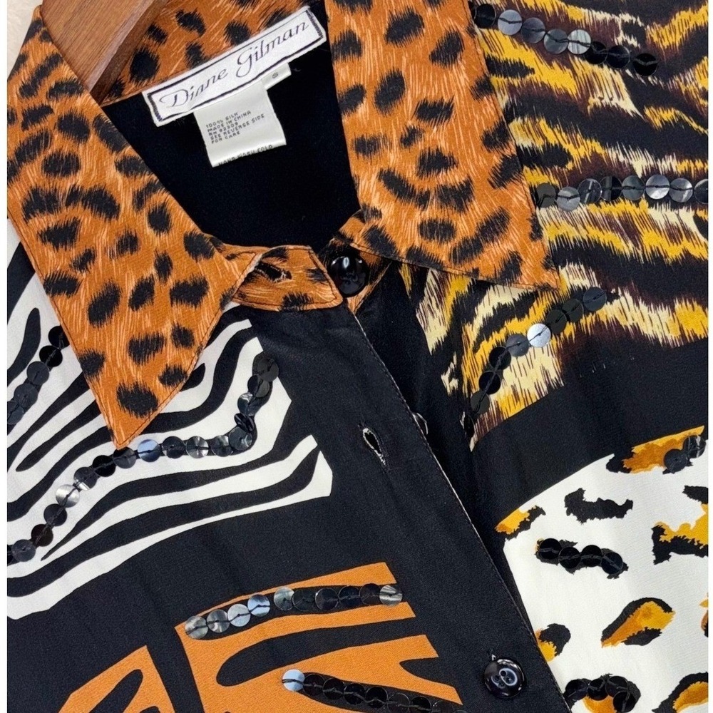 VINTAGE 100% SILK BLOUSE Animal Print Leopard Zebra Gilman Sequin Button 90s
